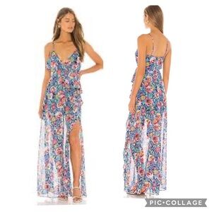 Lovers + Friends Darcy Rose Garden Blue Multi Floral Maxi Dress with Slit Size S